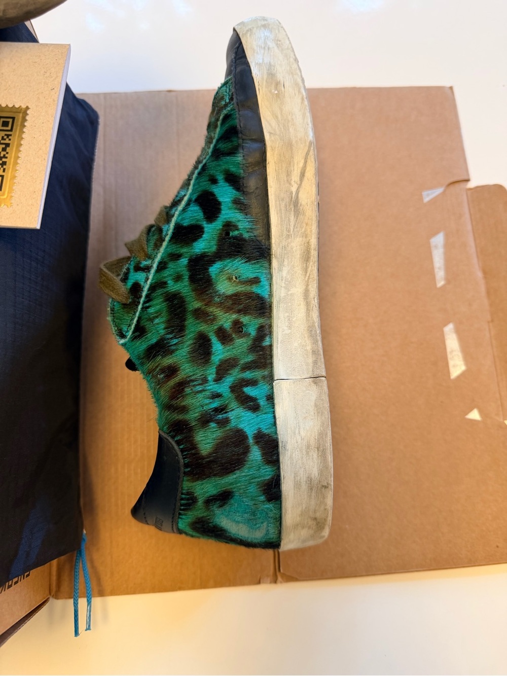 Golden Goose Emerald Leopard-Print Low-Top Sneakers with Black Toe Caps - Picture 4 of 8
